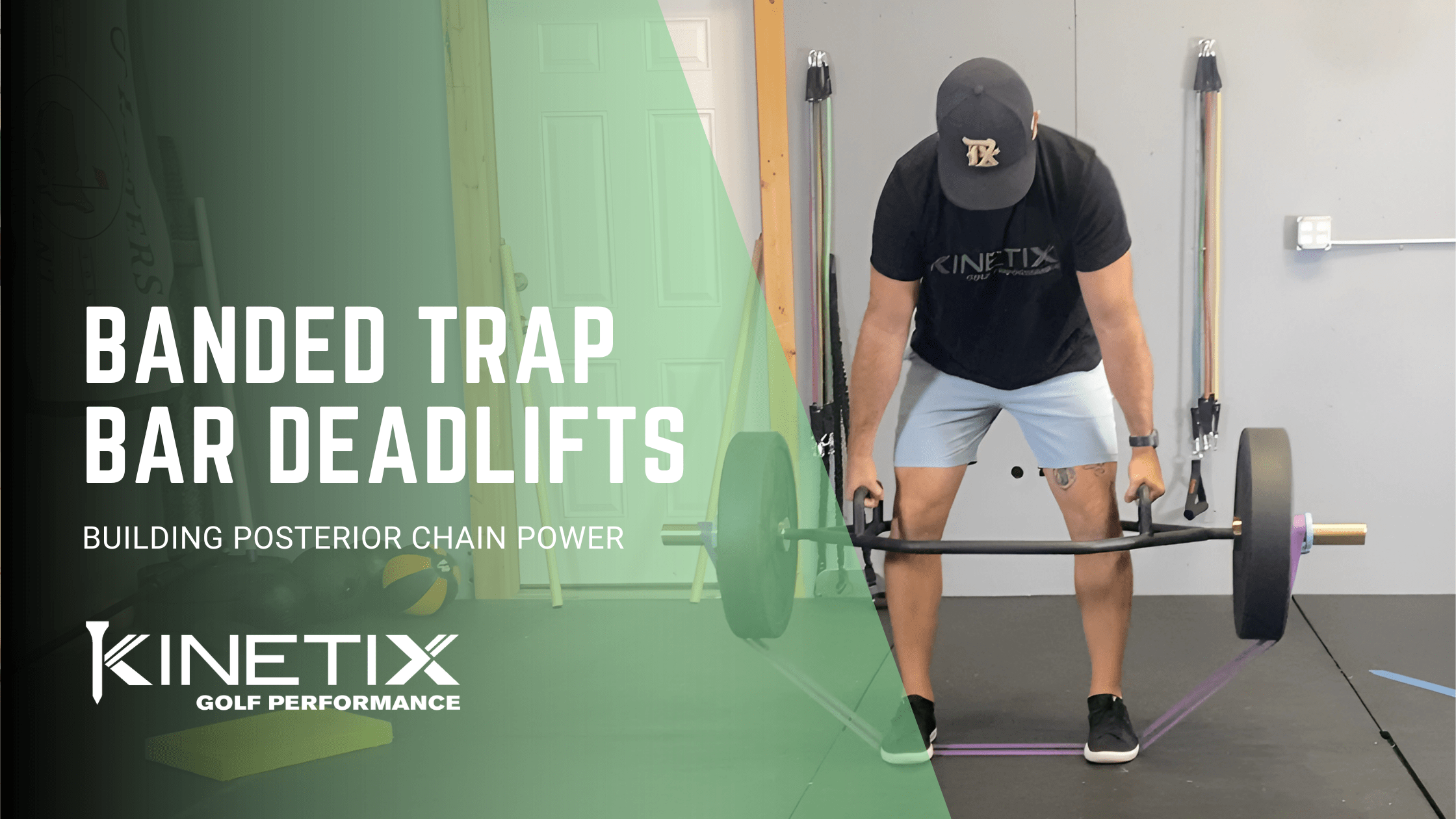 The banded trap bar deadlift is a great golf exercise to develop posterior chain power.