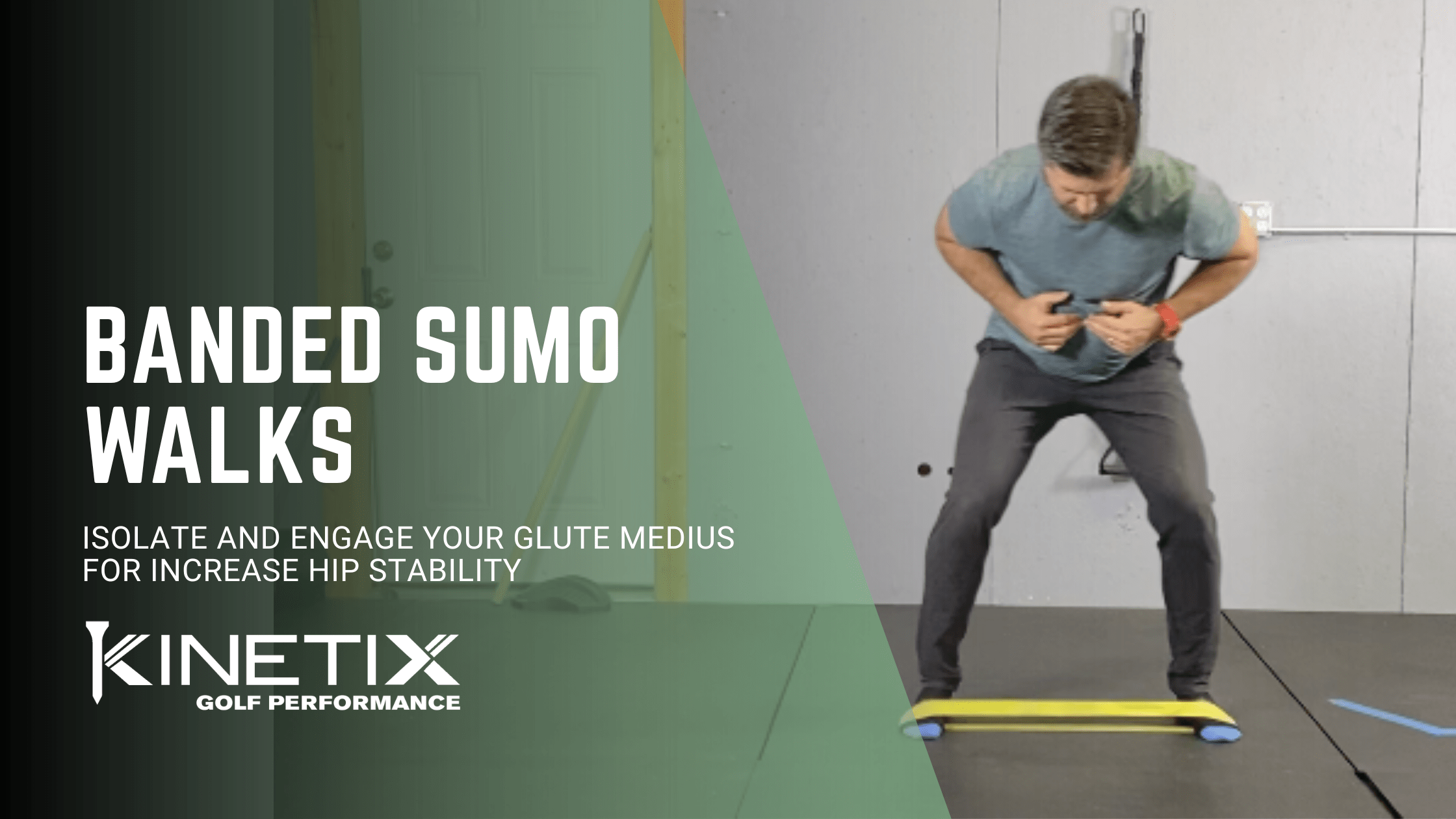 banded sumo walks are a great golf exercise to build hip stability by isolating the glute medius muscle which will help you control the frontal plane movement in your golf swing.