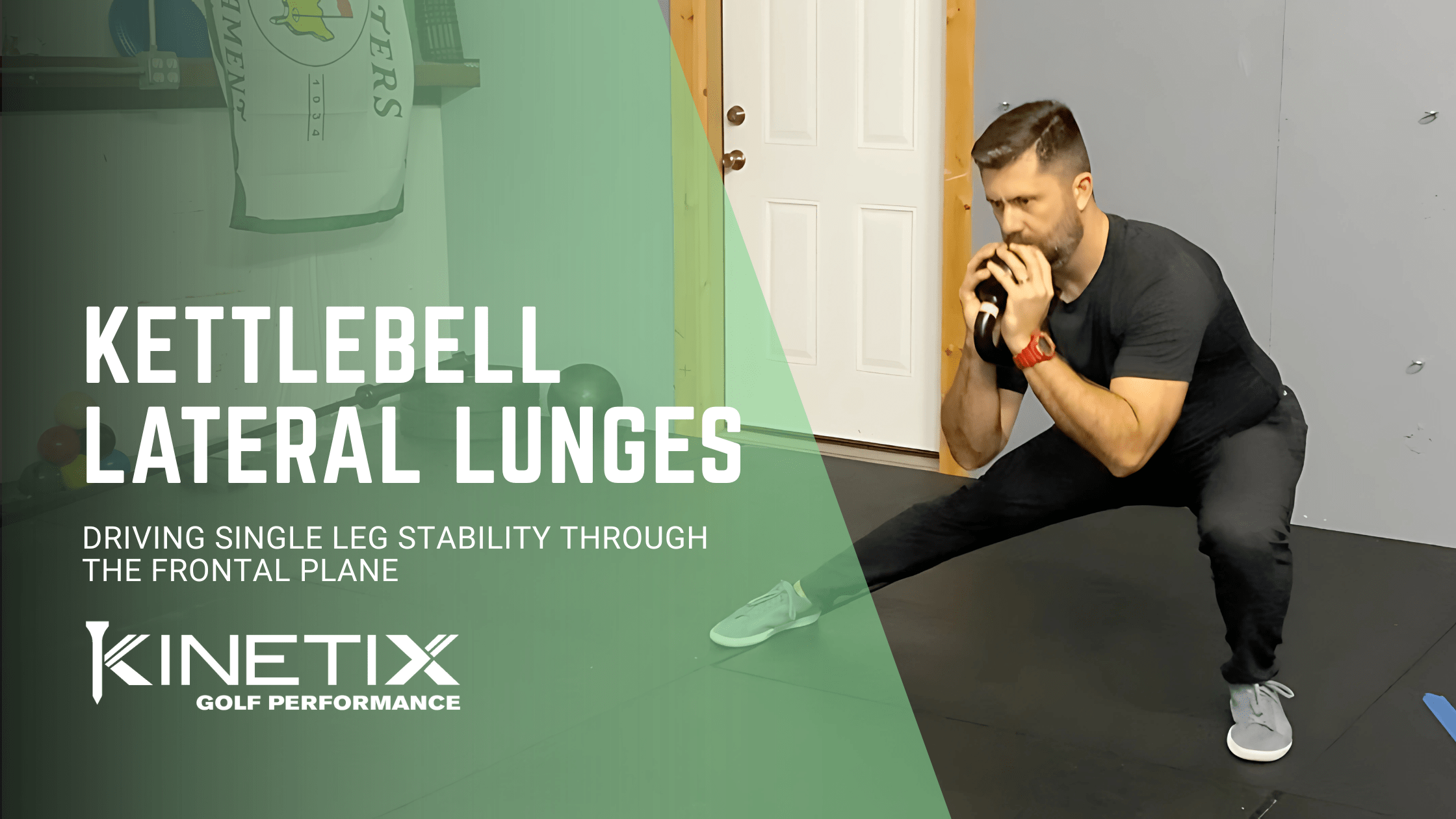 Lateral lunges with a kettlebell are a great golf exercise to drive single leg stability through the frontal plane to help improve your golf swing.