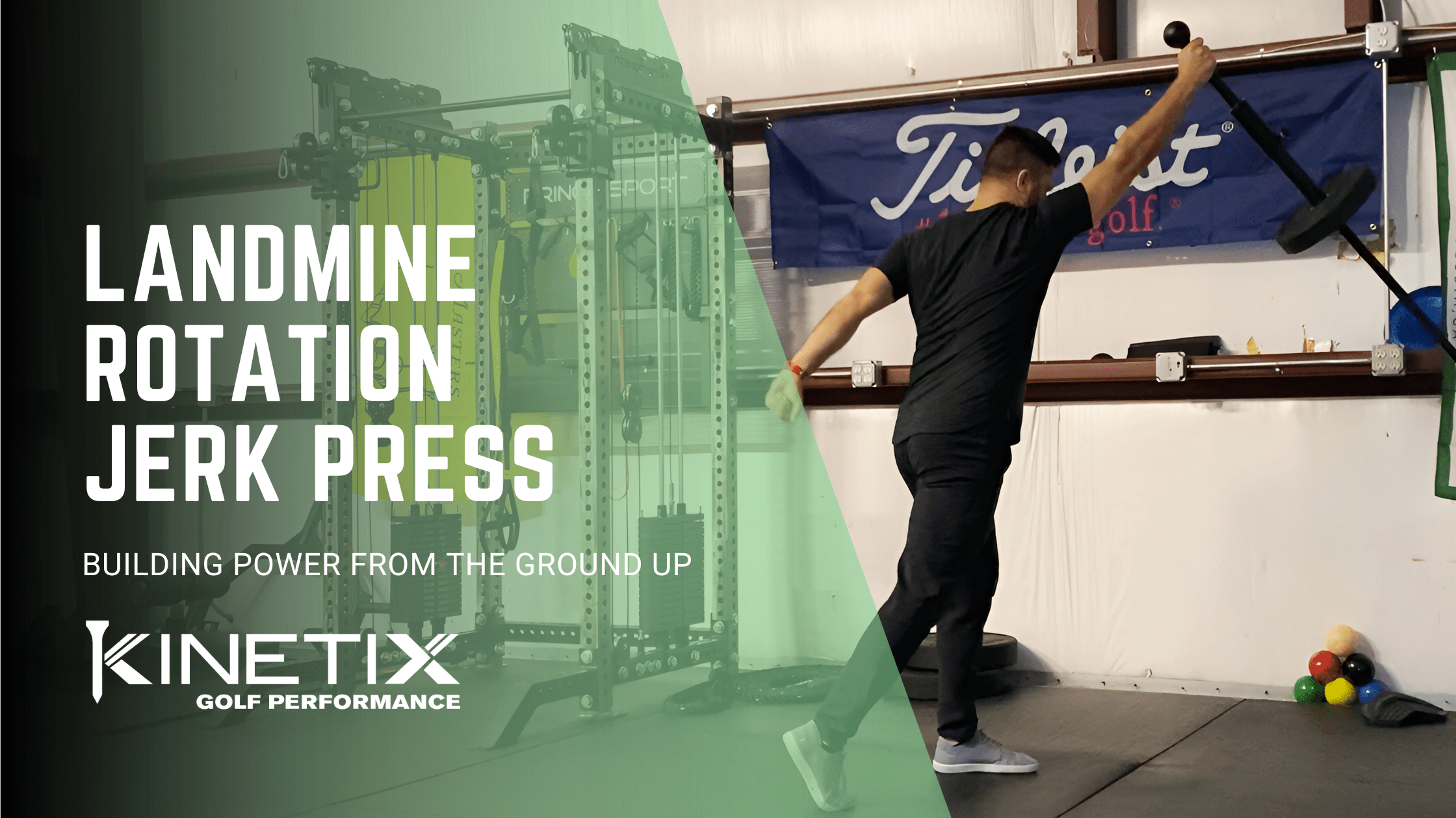 The single arm landmine jerk press with rotation is one of the best golf exercises to develop power from the ground up.