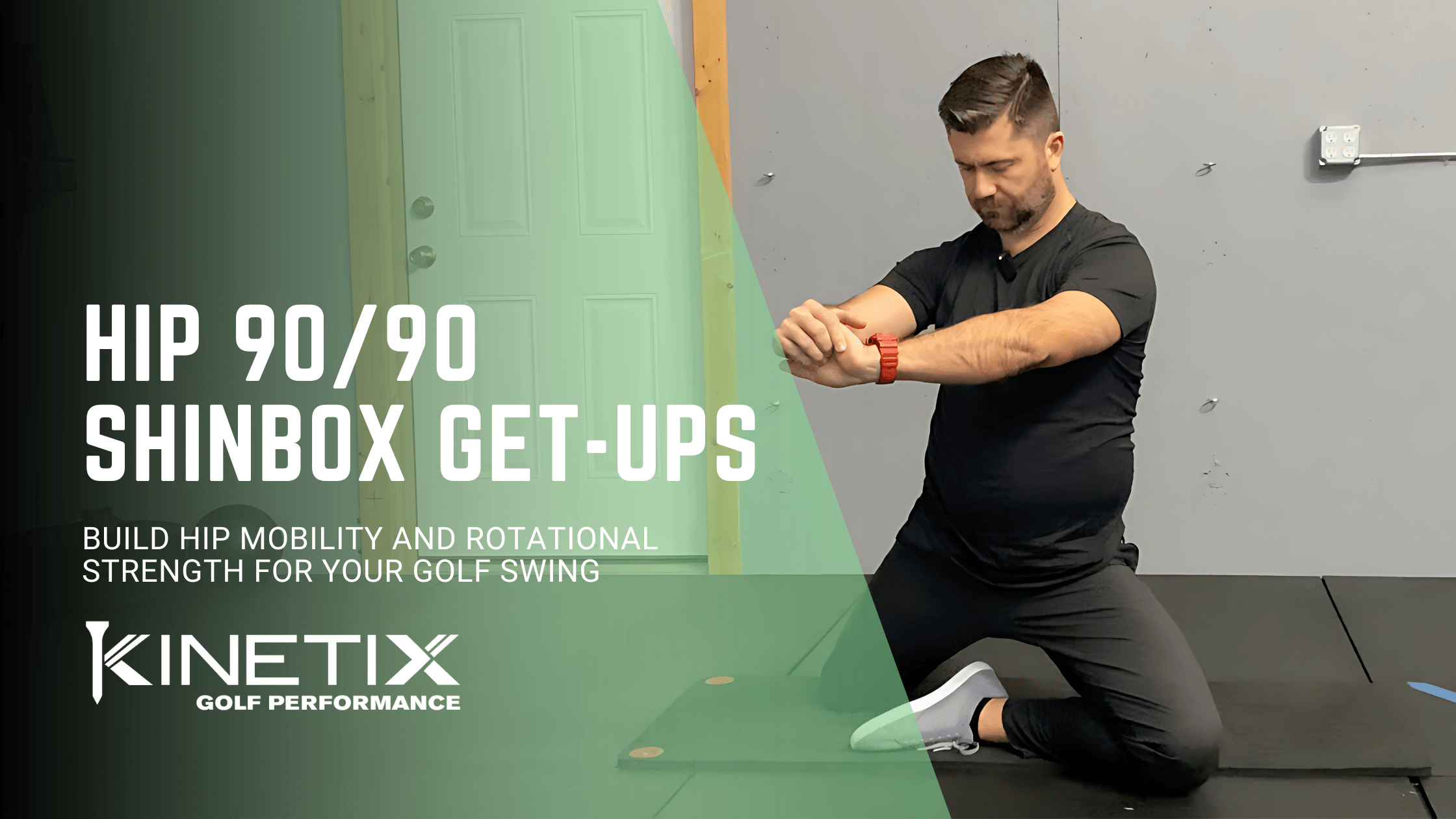Golf fitness professional performing shinbox 90/90 get up to enhance swing mechanics and mobility