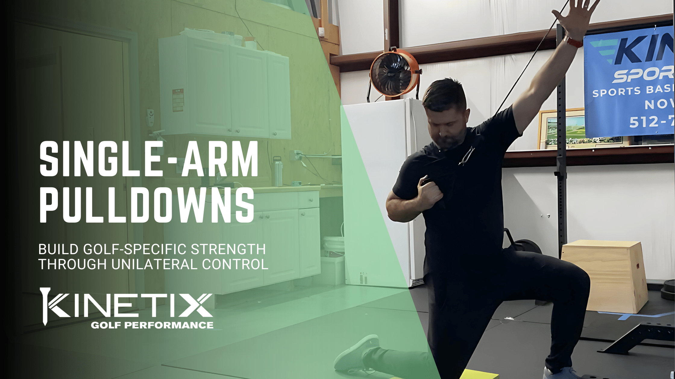 Golfer performing single-arm cable pulldown exercise to build unilateral pulling strength and core stability for golf swing