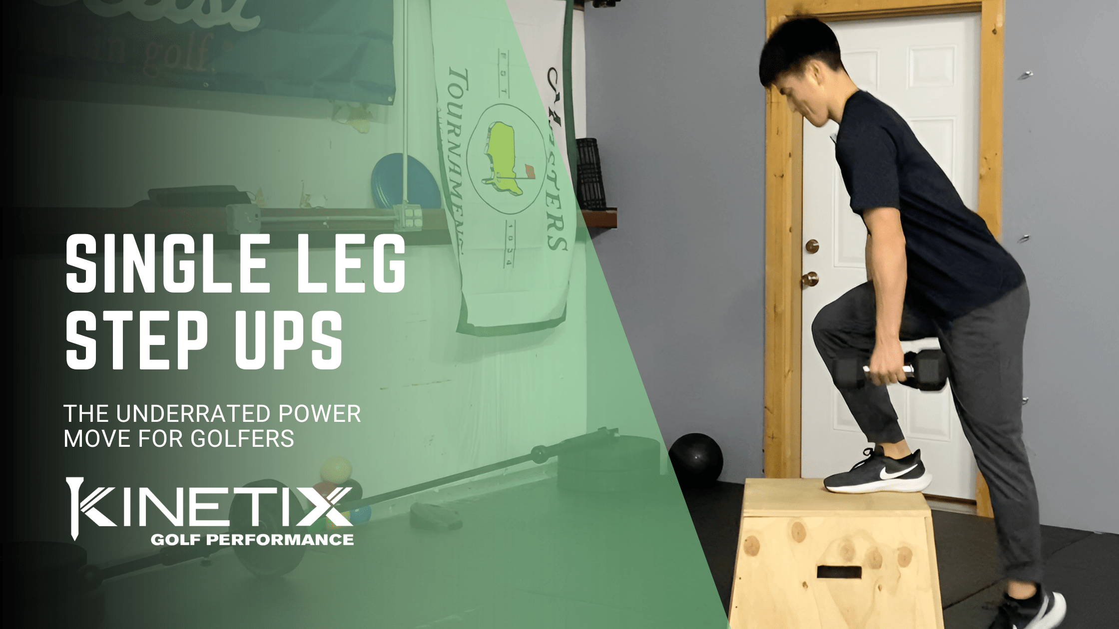 Golfer performing single leg step up exercise to build lower body strength and balance for golf swing stability