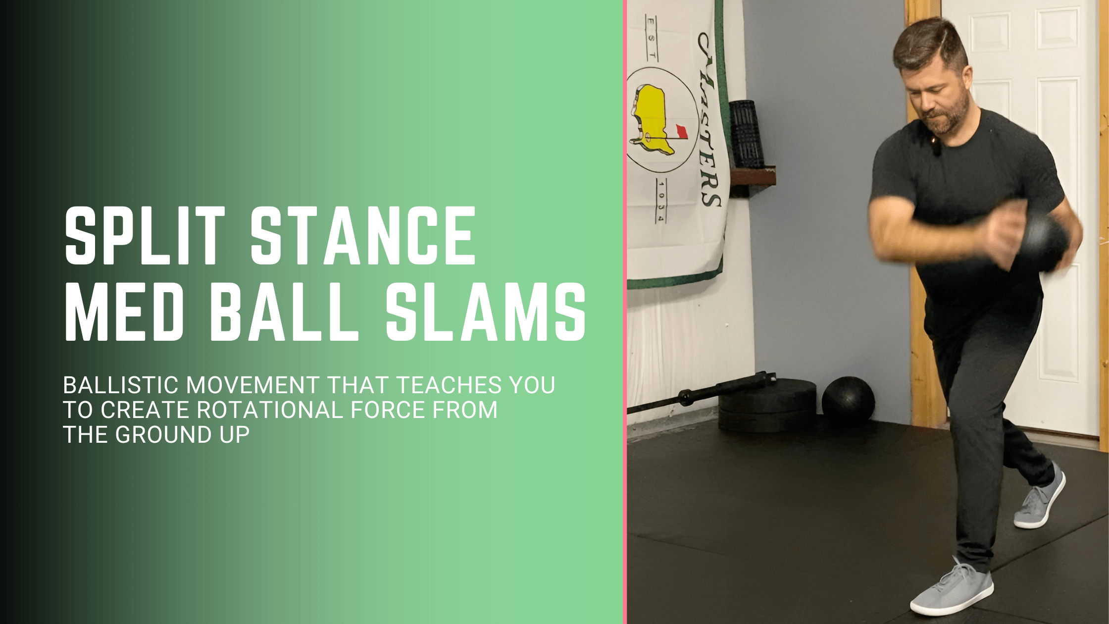 split stance rotational med ball slams help build explosive power in your golf swing.